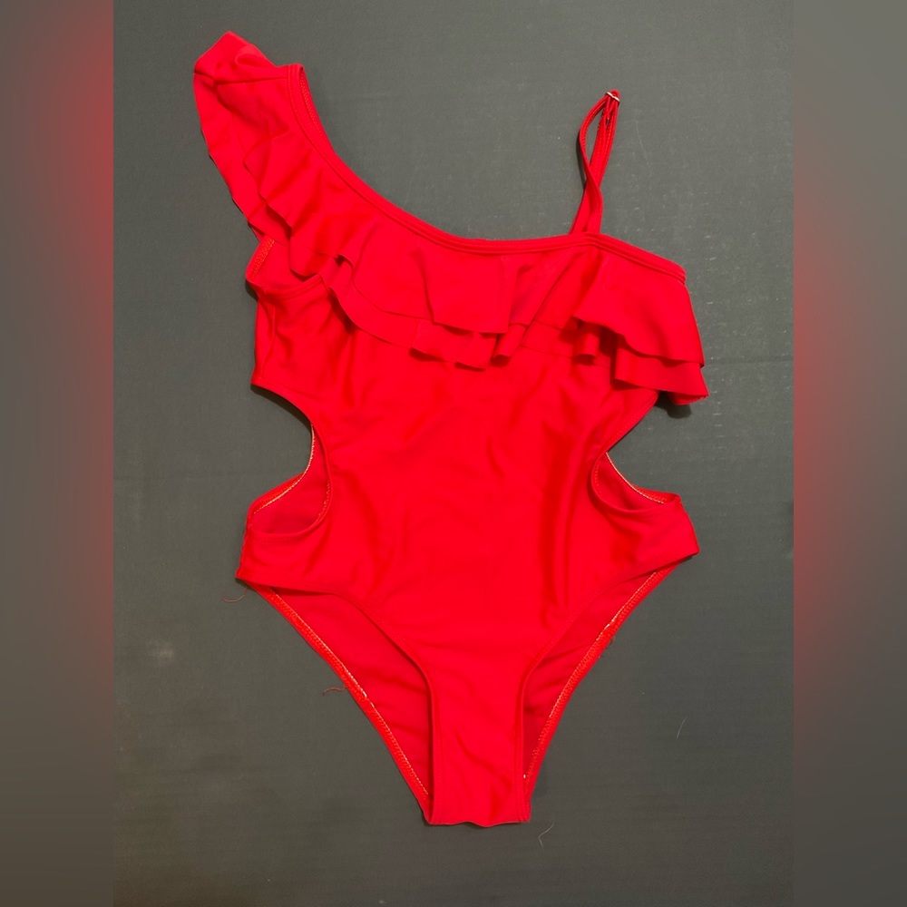 Red ruffle one piece bathing suit.